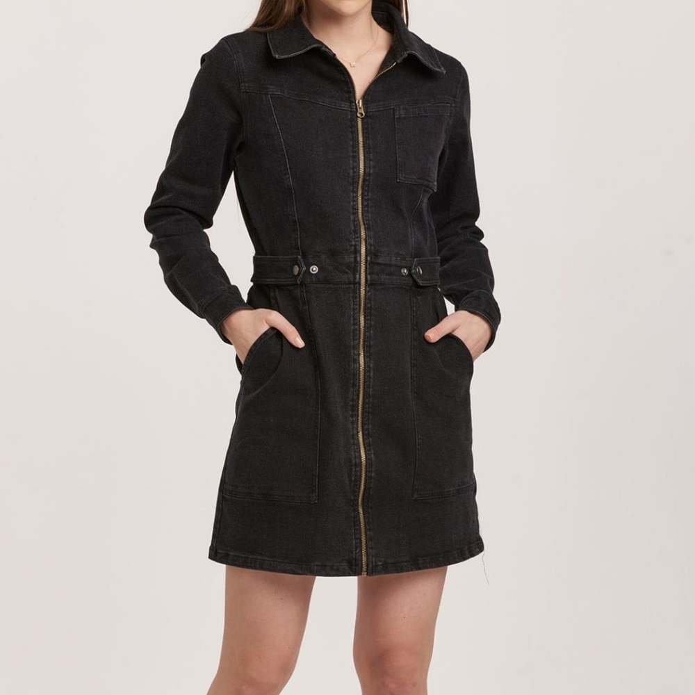 NWT Dear John Mini Black Denim Zipper Dress Size Medium